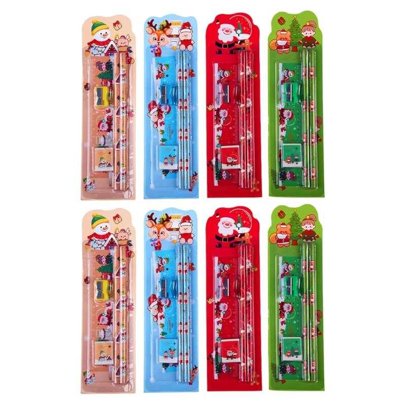 8 Sets Christmas Stationery Set Christmas Gift for Kid Student, Including Christmas Pencils, Erasers, Rulers, Dropship