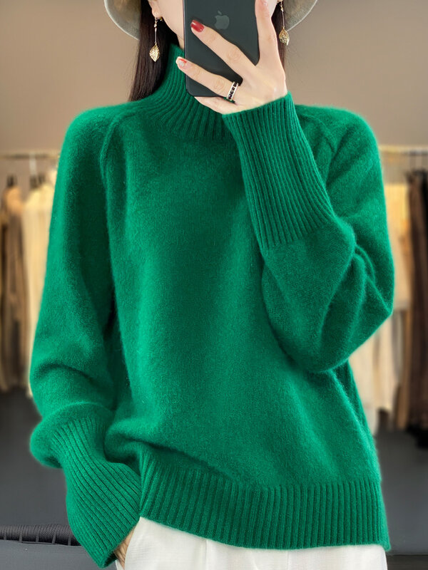 Sweater tebal wanita, Atasan pakaian rajut polos lembut kasual leher tiruan, Pullover wol Merino musim dingin 100%