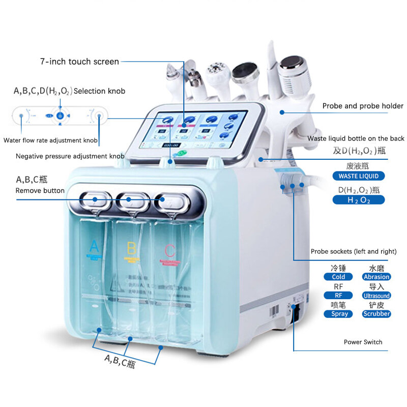 Máquina de hidrodermoabrasión 6 en 1 H2O2, dispositivo profesional de belleza con agua, oxígeno, limpieza de la piel