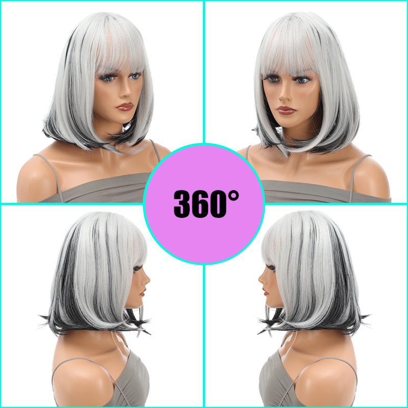 Women's 12-inch fashionable bob air bangs bob wig highlighted short straight hair natural simulation short wig set