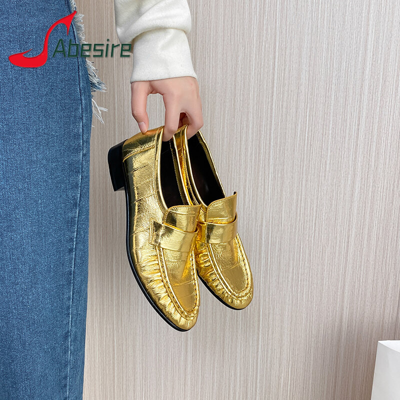British Style Gold Women Casual Shoes Fashion Round Toe Pleated Low Heel Slip On Loafers Spring Summer New Comfortable Flats