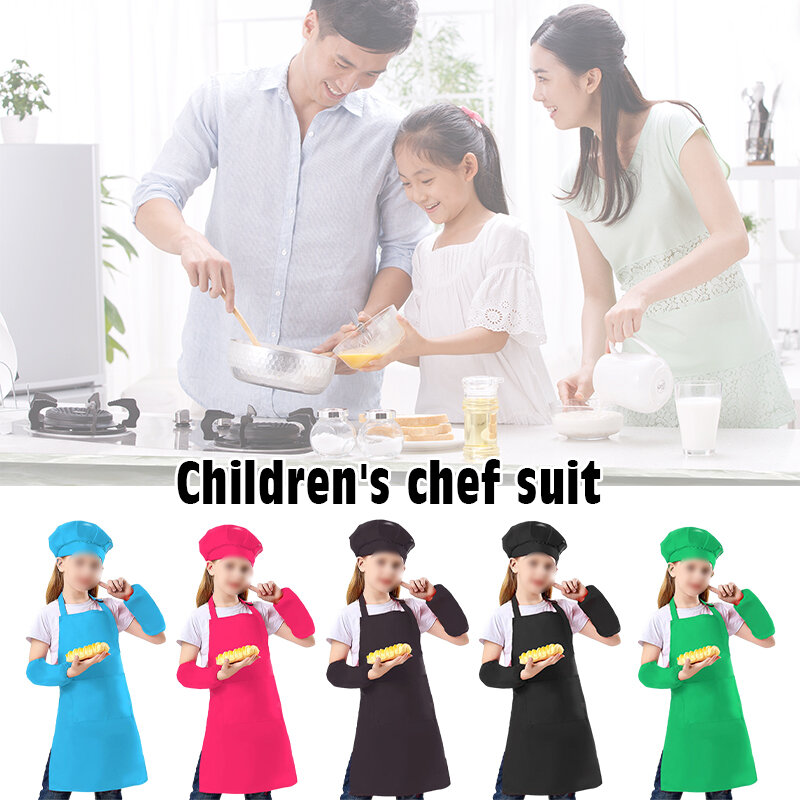 어린이 포켓 턱받이 앞치마, 어린이 주방 앞치마, 유치원 어린이 공예 그림, 요리 가사 모자 세트, 3 개 세트