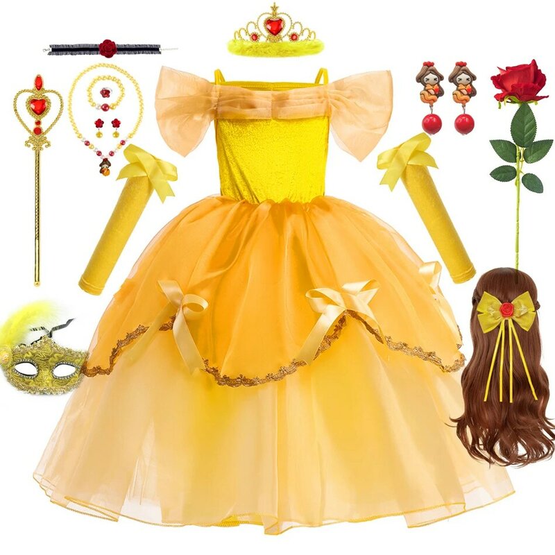 Prinses Cosplay Belle Jurk Meisjes Kostuum Voor Schoonheid En Beest Kids Party Kleding Magic Stick Kroon Kinderen Verjaardag