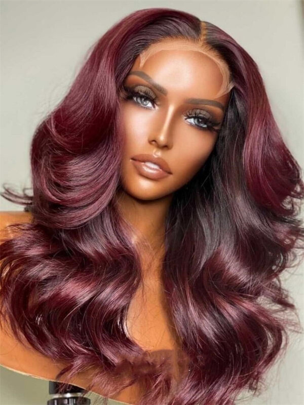 Long 26inch Glueless Natural WIne Red Body Wave Lace Front Wig For Women BabyHair Soft Black Preplucked Heat Resistant Daily Wig