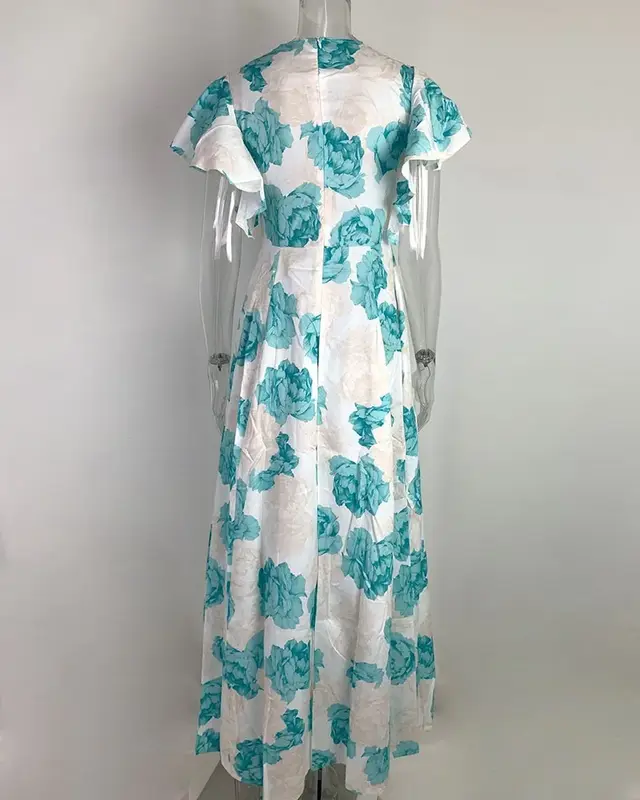 Fashion Summer Floral Commuting V-neck Wooden Ear Edge Sleeves Waist Cinched Printed Large Hem Dress Birthday Party Dress HH06