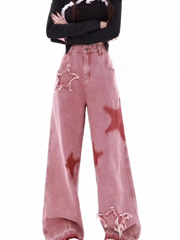 Celana jins merah muda untuk wanita, celana jins pinggang tinggi motif huruf, celana kaki lebar jalanan Amerika, celana Hip-Hop modis Retro lurus Y2K musim dingin untuk wanita