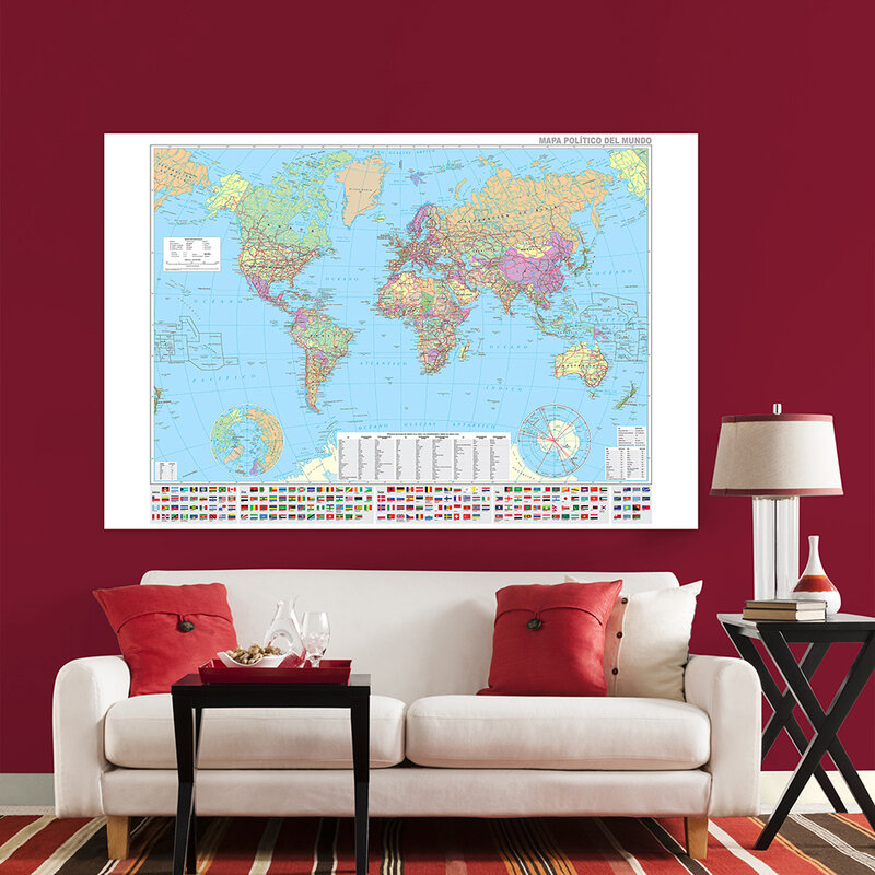 225*150cm In Spanish The World Political Map with Country Flags Non-woven Canvas Painting Poster Home Decor School Supplies