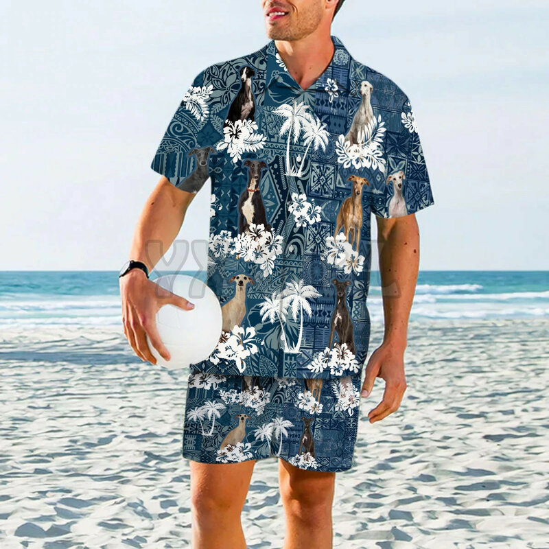 Conjunto Hawaiano Husky 3D para hombre y mujer, camisa hawaiana impresa en toda la prenda, pantalones cortos de playa, ropa divertida para perros