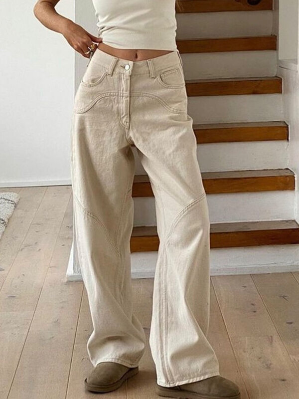 HOUZHOU Bege Jeans Baggy Mulheres Casual Denim Calças Do Vintage Cintura Alta Perna Larga Calças Streetwear Clássico Moda Outono Senhoras