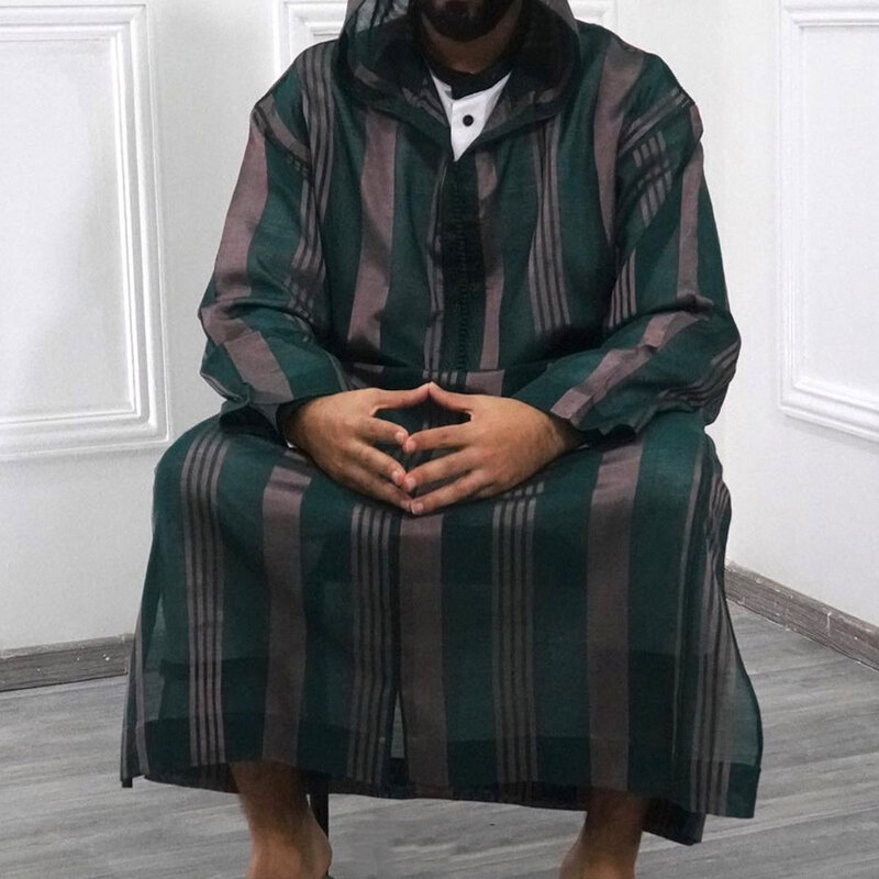 จั๊มสูทยาวมีฮู้ดสำหรับผู้ชายเสื้อคลุมมุสลิมพิมพ์ลายทางยุโรปและอเมริกาทรงหลวมมีหลายขนาด