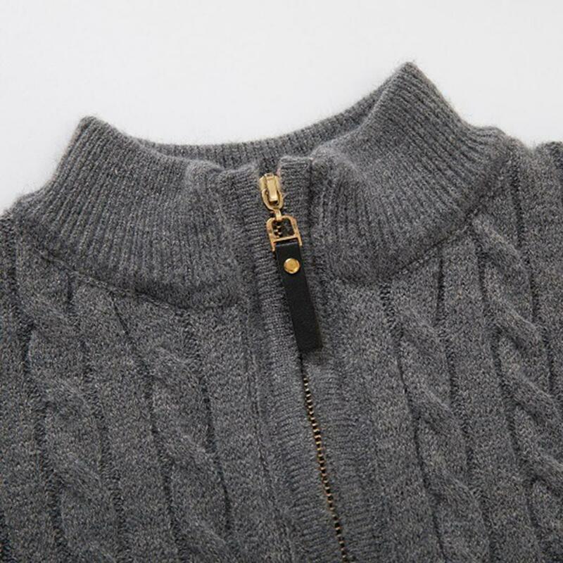 남성용 하프 하이 칼라 트위스트 패턴 스웨터, 두꺼운 지퍼, 단색, 따뜻한 슬림 핏, 캐주얼 겨울 스웨터, 데일리 웨어, 가을