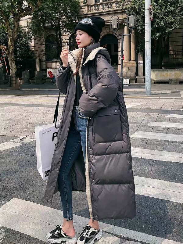 90% White Duck Down Korean Version Hooded Down Jacket for Women's Winter New Fashion Loose Fitting and Thickened Mid Length Jack
