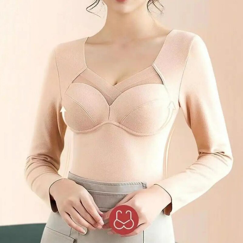 Elastic Lady Underwear Top Cozy V-neck Padded Winter Top for Women Thick Plush Warm Pullover with Heat-locking for Weather