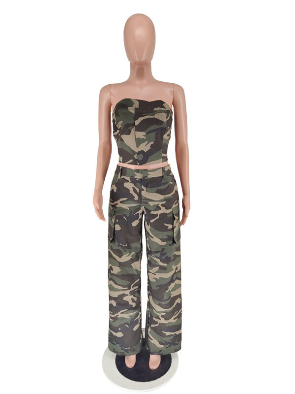 Wmstar Women Two Piece Set  Off Shoulder Camouflage Crop Top Wide Leg Pants Sets Matching Outfits Jogging Tracksuit Dropshipping