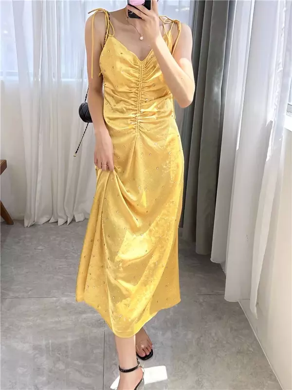 Gaun Midi tanpa lengan wanita, jubah selempang 2024 liburan musim panas tanpa lengan leher V bertali warna kuning berlian imitasi untuk wanita