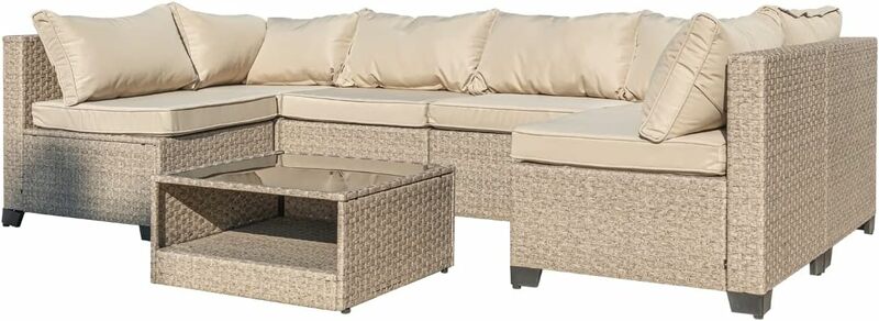 Set con tavolo portaoggetti e cuscini, divano componibile per divano da esterno per tutte le stagioni, completo da conversazione esterno in Rattan di vimini