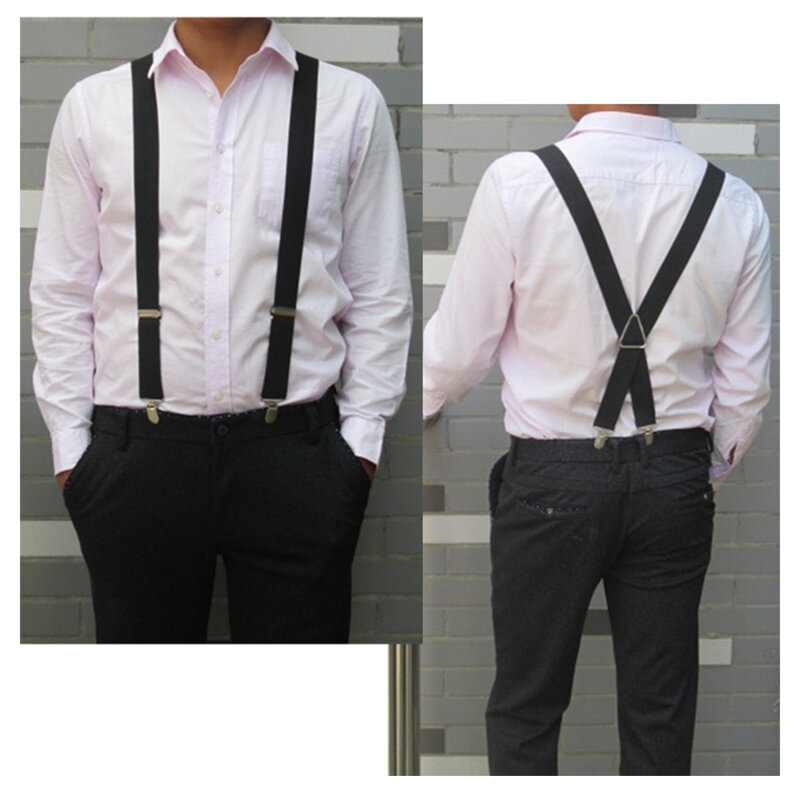 1 inch Suspenders Men Solid Color Polyester Elastic Adult Belt X-Shape Braces with 4 Clips for Women Casual Straps Pants Straps