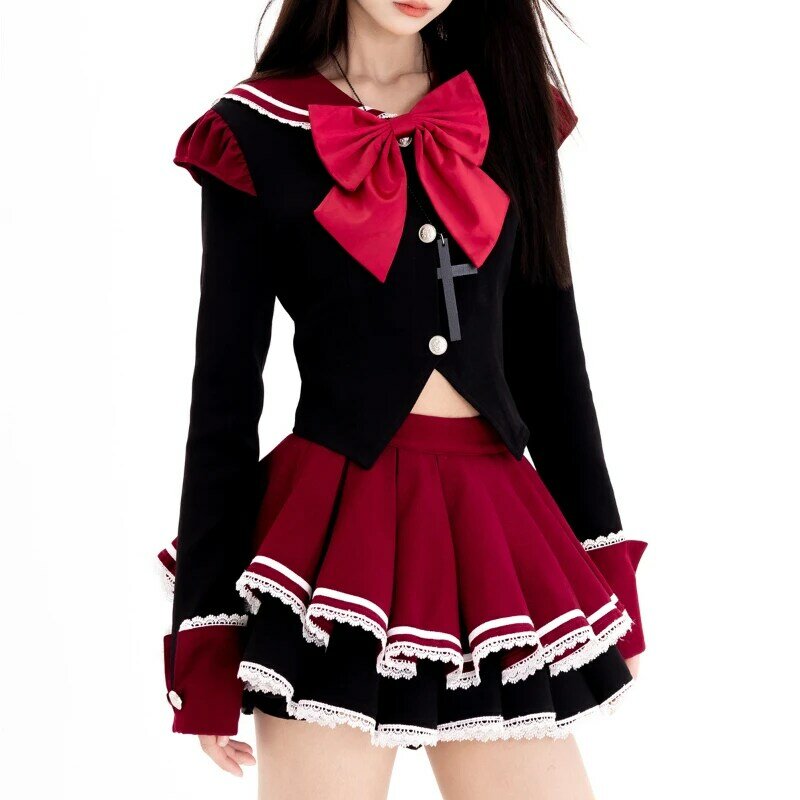 Japanese Preppy Style Lolita Two Piece Set Women Sweet Bow Sailor Collar Short Tops JK Mini Skirt Suit Female Gothic Y2k Outfitn