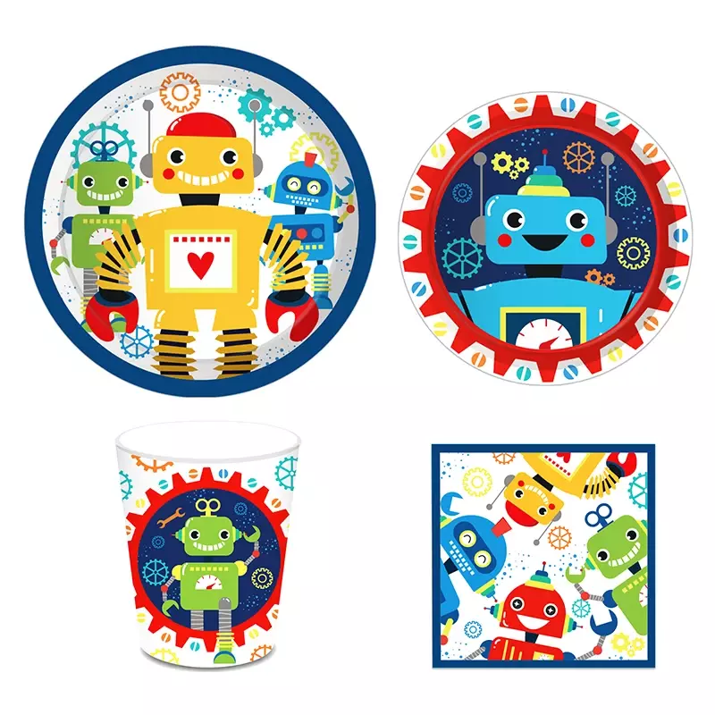 Robot Game Themed Birthday Decorations Disposable Tableware Paper Plate Cups Napkins Robot Foil Balloon Kids Birthday Decoration