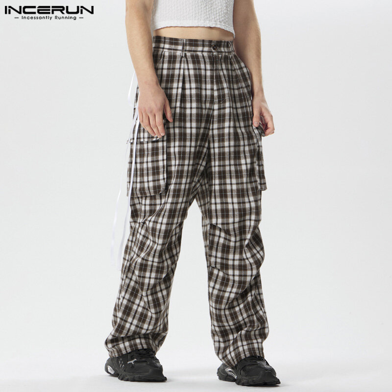 INCERUN-Pantalones largos de estilo americano para hombre, pantalón informal, a cuadros, con bolsillos, S-5XL, 2024