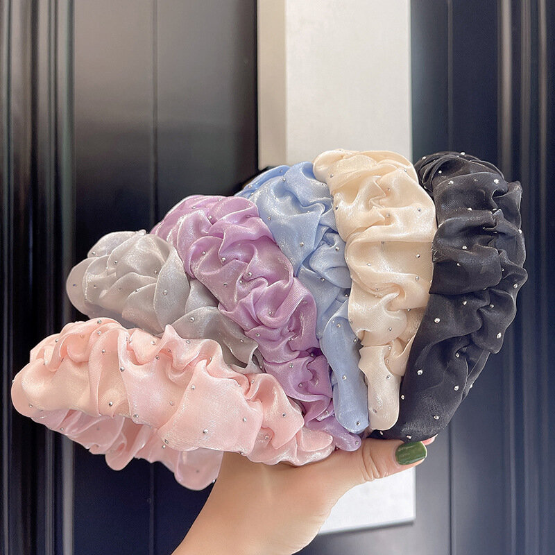 Diadema plisada de Corea para mujer, banda para el cabello con Perlas Negras, pinzas para el cabello frescas, accesorios para el cabello, venta al por mayor