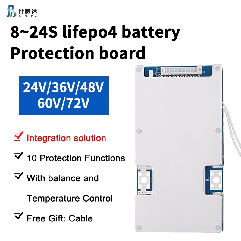 Bisida-Batterie BMS 8S-24S Lifepo4, 3.2V, 24V/36V/48V/60V/72V, Port Commun avec Équilibre et NTC, Protections Fonctionnelles