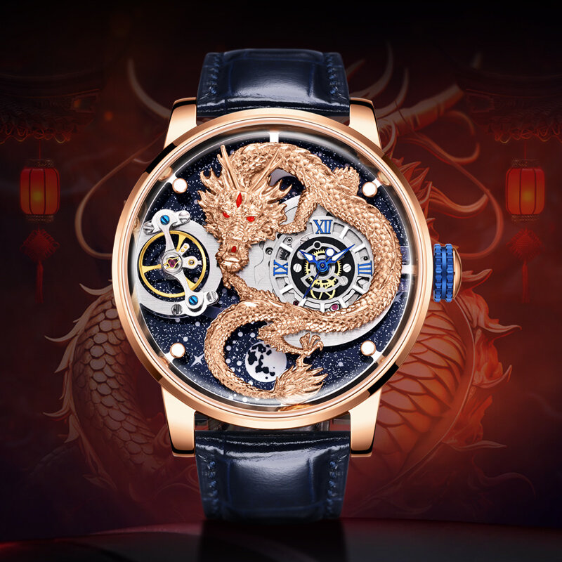 Hanbor Dragon Watch สำหรับผู้ชาย, นาฬิกาหรูผู้ชายกลวงออกนาฬิกาข้อมือกลไกอัตโนมัติกันน้ำนาฬิกาสลัก5D