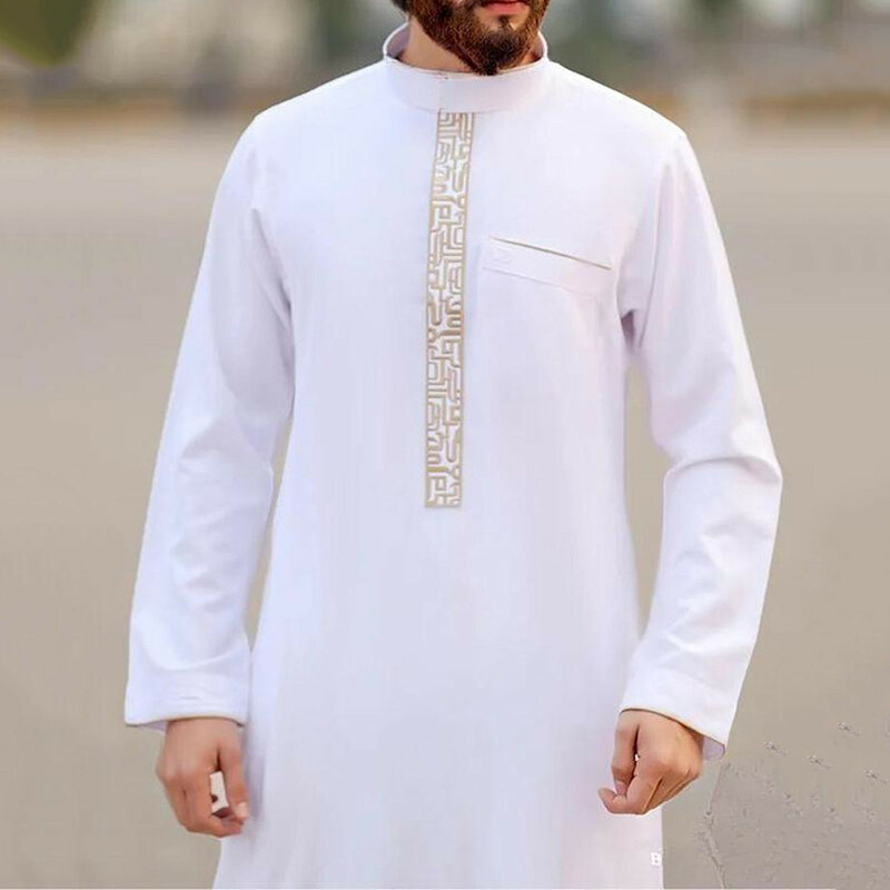 2024 pria elegan lengan panjang Dubai jubah leher bulat mode warna Solid pesta lengan panjang sulaman gaya etnik Islam