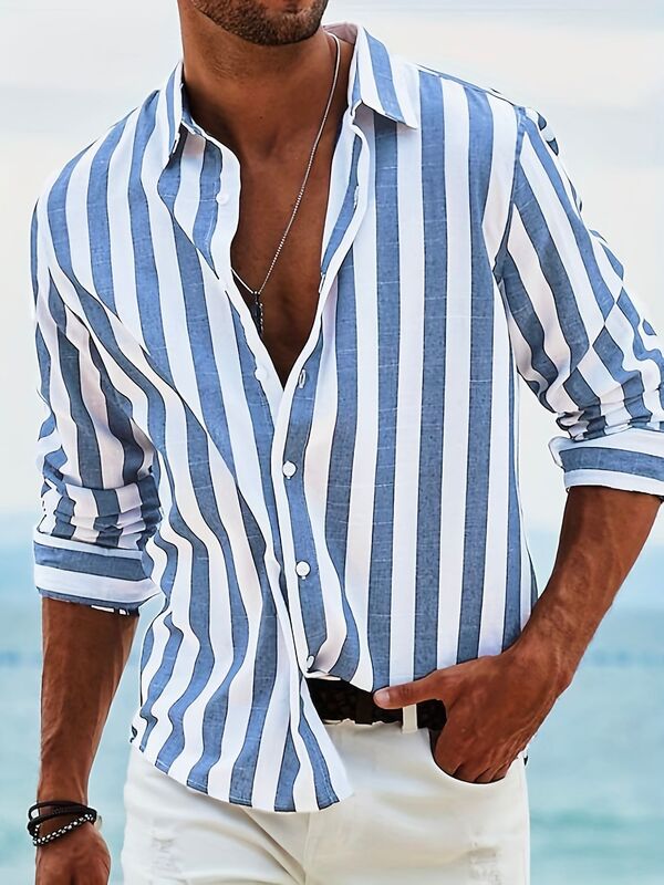 Camisa confortável masculina com fios tingidos listras, top casual de linho algodão, camisa de manga comprida, tendência da moda primavera e outono