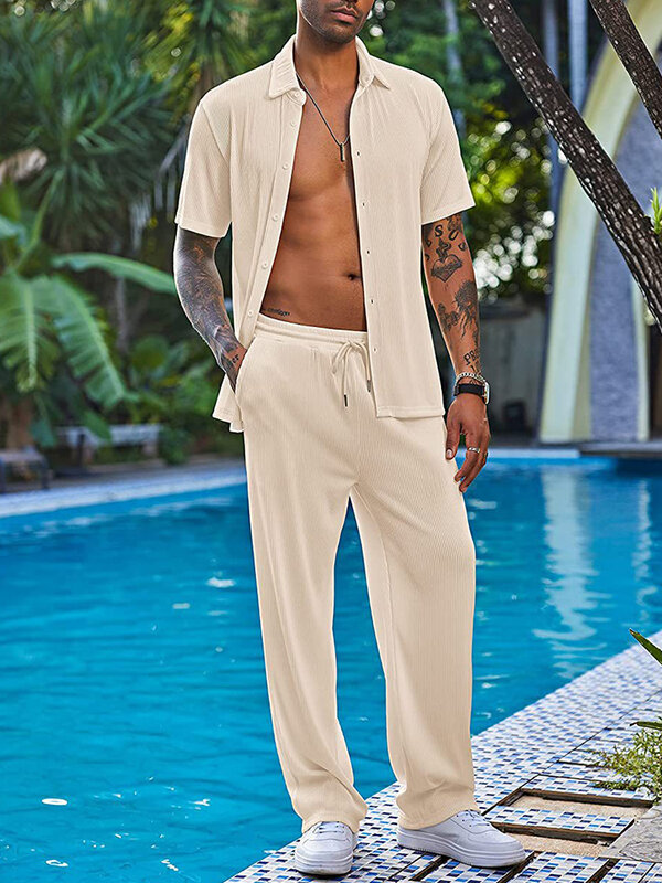Костюм мужской однотонный текстурный, Повседневная рубашка и брюки на пуговицах с коротким рукавом, винтажный свободный комплект, уличная одежда