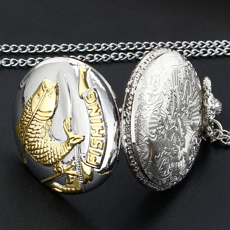 Jam saku Quartz desain memancing unik jam liontin ikan emas Fob pemburu penuh 30cm rantai hadiah saku untuk pria reloj
