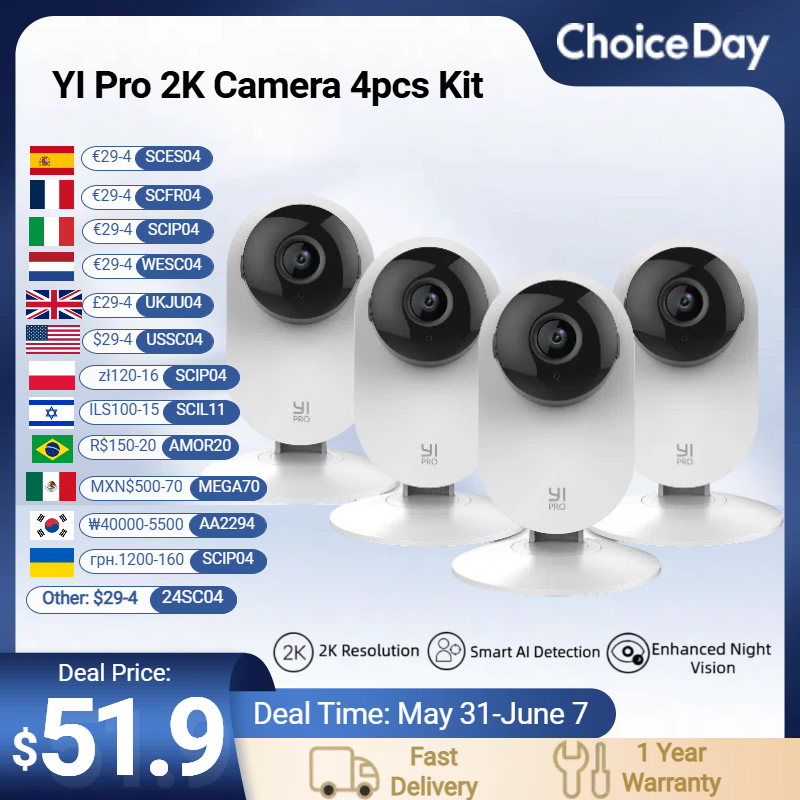 YI 4pc 2K Home Pro kamera 3MP Wi-Fi zabezpieczenia IP inteligentny System nadzoru z noktowizorem niania elektroniczna Baby Monitor na iOS, Android