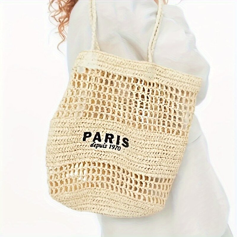 casual hollow out straw bag letters weave women shoulder bags handmade lady handbags summer beach large tote bali purses 2024