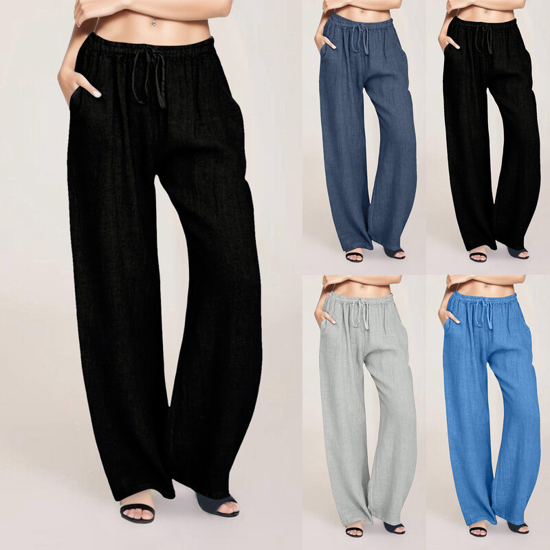 Spring and Summer New Casual Europe Women's Wear Large Loose Cotton Casual Solid Color Drawstring Wide-Leg Pants calça feminina