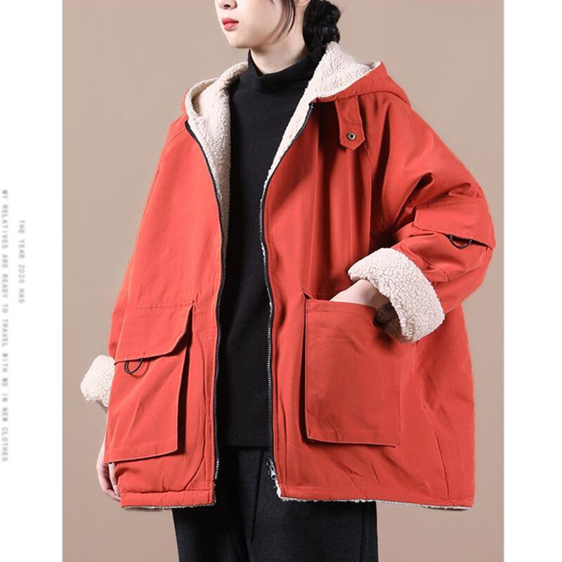 Зимнее теплое Женское пальто с капюшоном из овечьей шерсти, куртки, оранжевое, черное Свободное пальто на молнии, женские повседневные парки, верхняя одежда