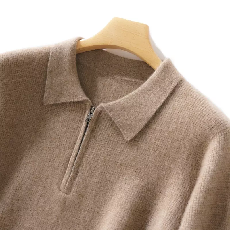 Suéter de manga comprida com gola polo masculino, jaqueta quente de malha empresarial, caxemira 100% de cabra, casual, outono, inverno