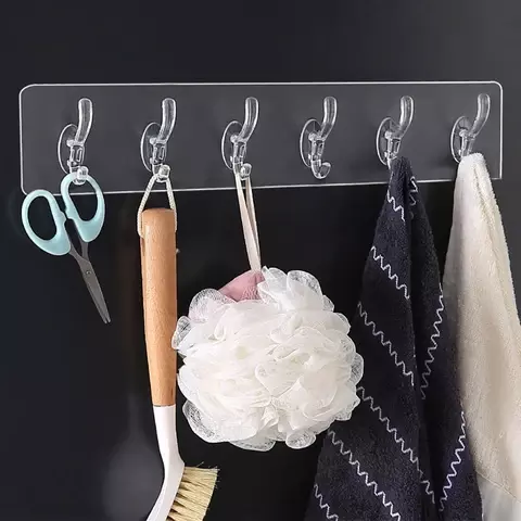 3/5/6 Row Transparent Hook Punch-Free Wall Strong Sticking Hook Holder for Hat Clothes Hanger Towel Holder Bathroom Storage Rack