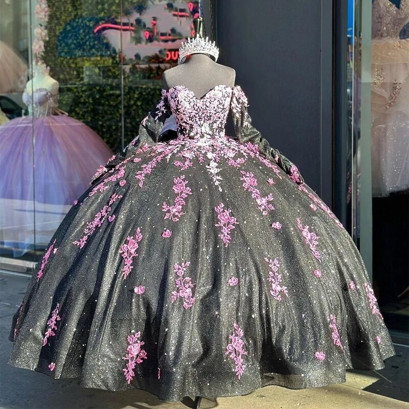 Vestidos de Quinceañera de princesa negra brillante, vestido de baile, escote Corazón, apliques de lentejuelas, dulce 16, 15 Años, mexicano