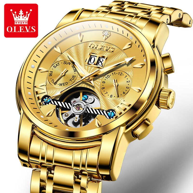 Olevs Luxusmarke Original Herren uhren Gold Edelstahl armband voll automatische mechanische Uhr Skelett männliche Armbanduhr
