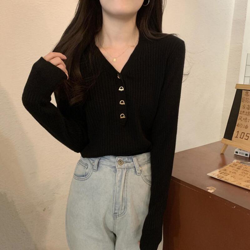 Lady Knitted Top Half Single-breasted V Neck Long Sleeve Slim Elastic Warm Knitwear Pullover Casual Fall Spring Blouse Sweater