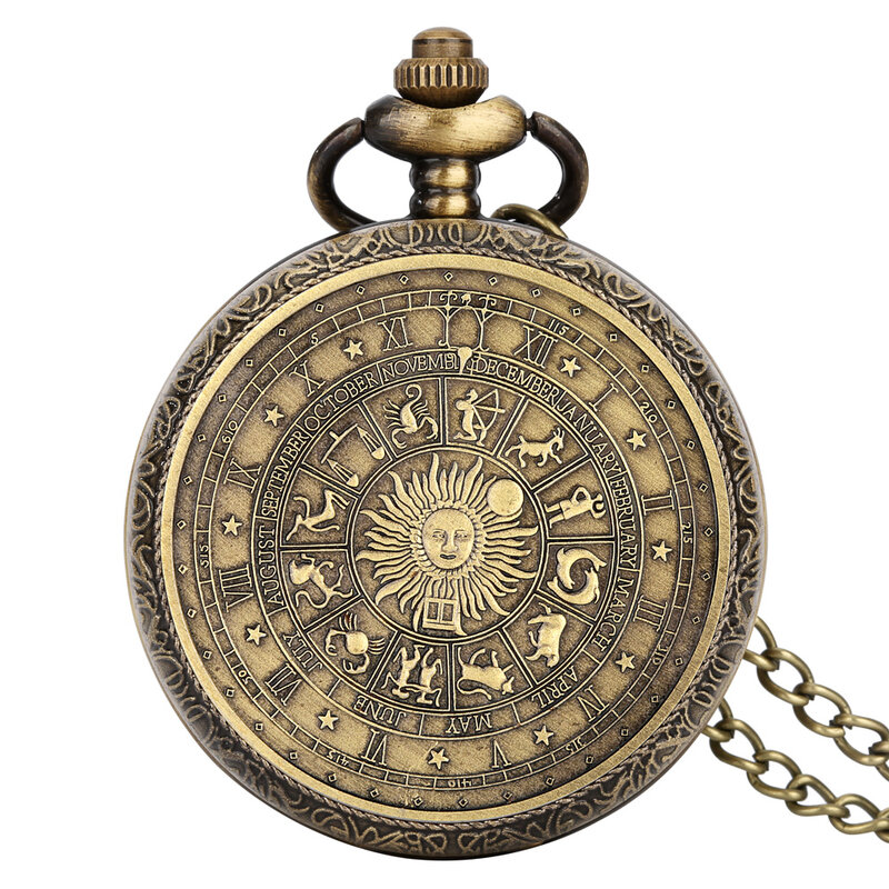 Reloj de bolsillo de monedas conmemorativas de Tarot de bronce Vintage, constelación, collar de luna de sol de la suerte, conmemorativo para Mlae, reloj Saati para niños
