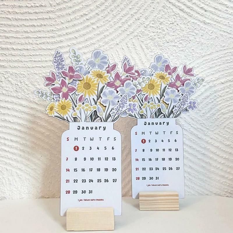 Blumen schreibtisch kalender 2024 2024 Blumenmuster tragbarer Kalender mit Holz basis Jahres planer für Esstisch Nachttisch