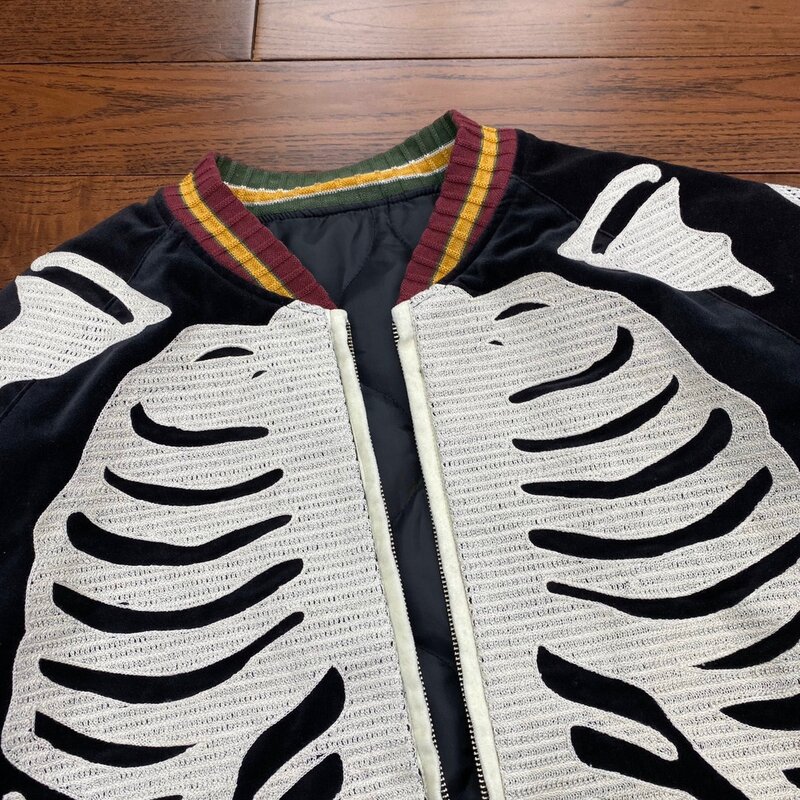 Esqueleto Vintage japonês masculino bordado jaqueta de algodão, velo liso, cadeia oca, outono Parkas