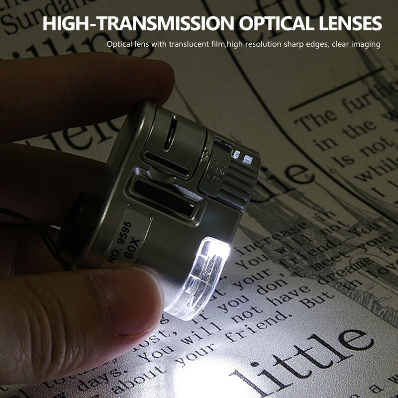 Kaca pembesar bercahaya 60X, dengan lampu led mikroskop saku Mini portabel perhiasan tangan kaca pembesar lup alat