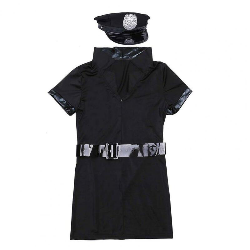 Mini vestido con cuello en V para mujer, traje sexual Sexy, uniforme de Cosplay con solapa, minivestido con insignia, cinturón de manáculo