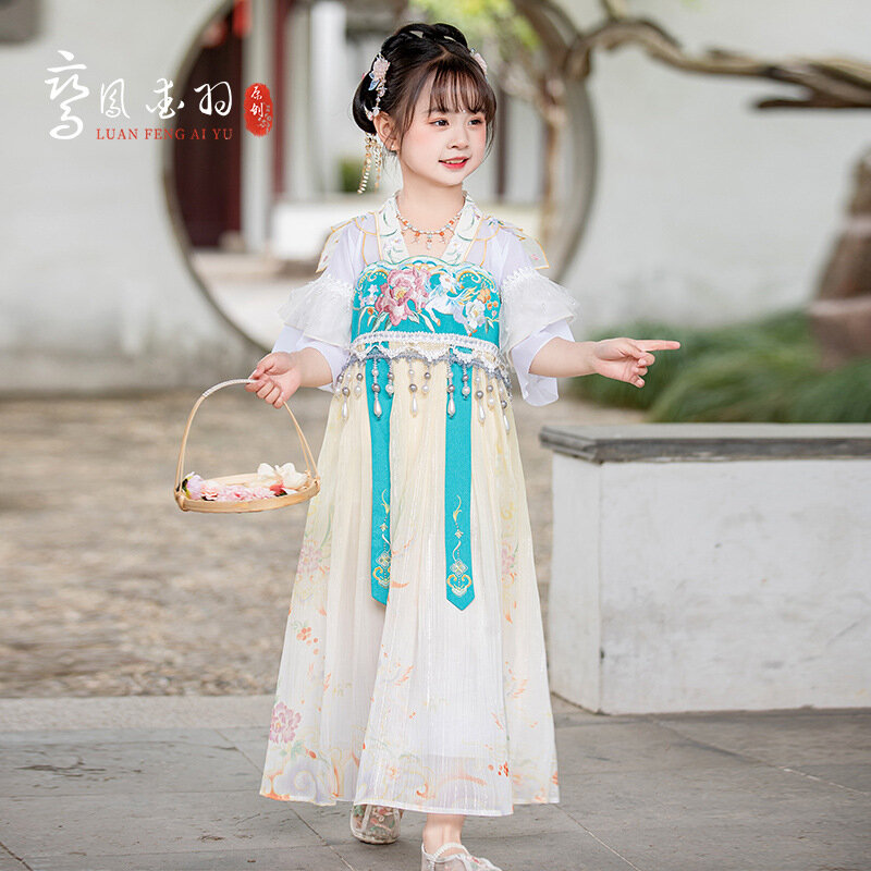 Chiński Folk dzieci kwiatowy haft Hanfu kostium dynastii Tang ubrania taneczne wróżka Cosplay orientalne starożytne kostium księżniczki