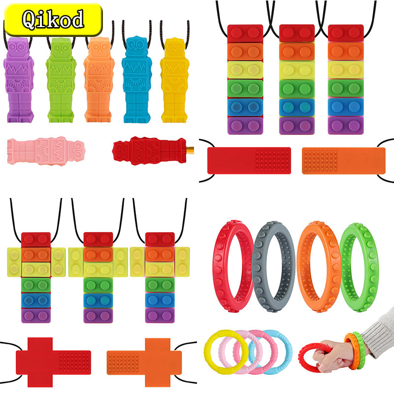 Sensory Chew Necklace Pack Silicone Chew Pendant Training and Development Toys Chew Necklace for Teething Babies Autism Anxiety
