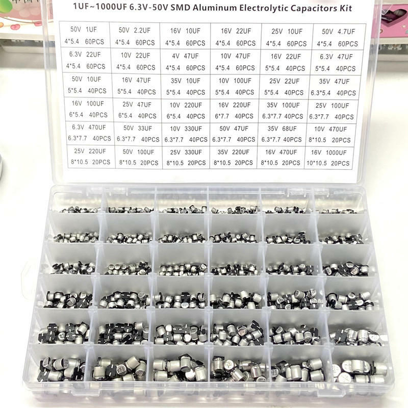 アルミニウム電解コンデンササンプルボックス、smdチップ、36値、1uf〜1000uf、4v-60v、1500個