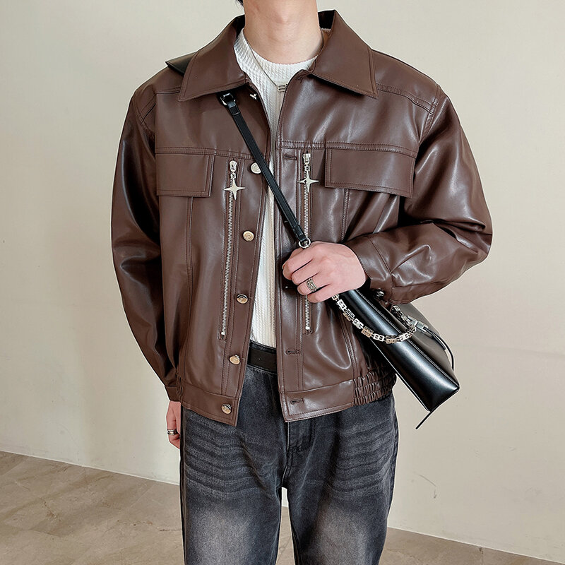 Autumn and winter high-quality PU men's leather jacket with thickened and warm flip collar, short zippered leather jacket Korean