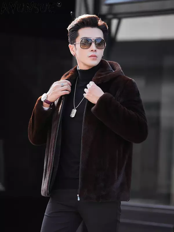 AYUNSUE-Casaco de pele Real Mink para homens, jaqueta com capuz, roupas de alta qualidade, natural, inverno